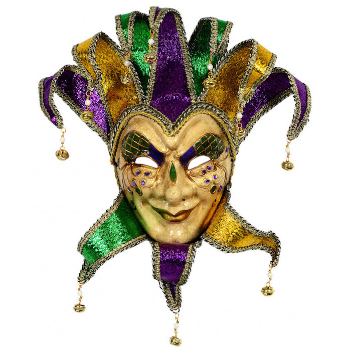 jester mask, masquerade party masks, gold purple and green mask, bells at the end, white background