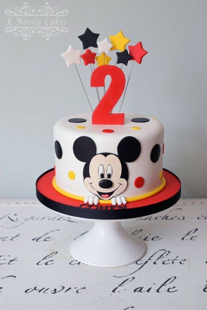 60+ Mickey Mouse cake ideas for the die-hard Disney fans - Mickey Mouse 1st BirthDay Cake One Tier Cake CovereD With White FonDant Black ReD Yellow White FonDant Stars Toppers