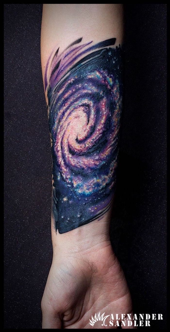 milky way galaxy, colored watercolor forearm tattoo, space tattoo ideas, black background