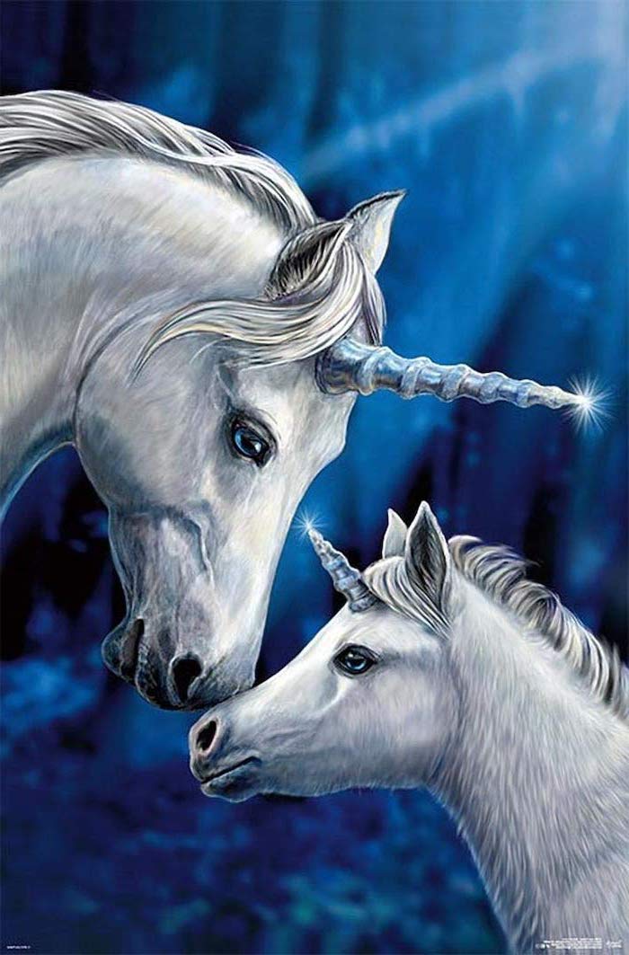 unicorn pictures to draw, painting of mom and baby white unicorns, painted on dark blue background
