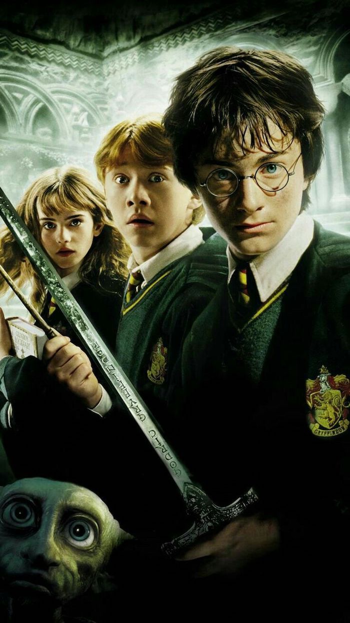 movie poster for the chamber of secrets, harry ron hermione and dobby, marauders map, godric gryffindor sword