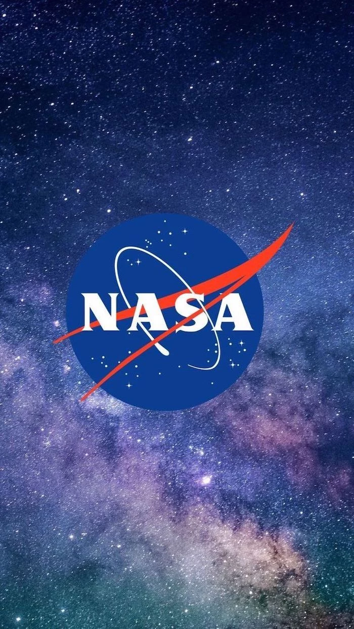 nasa logo in the middle, galaxy in the background in blue purple and turquoise, galaxy wallpaper 4k, sky filled with stars