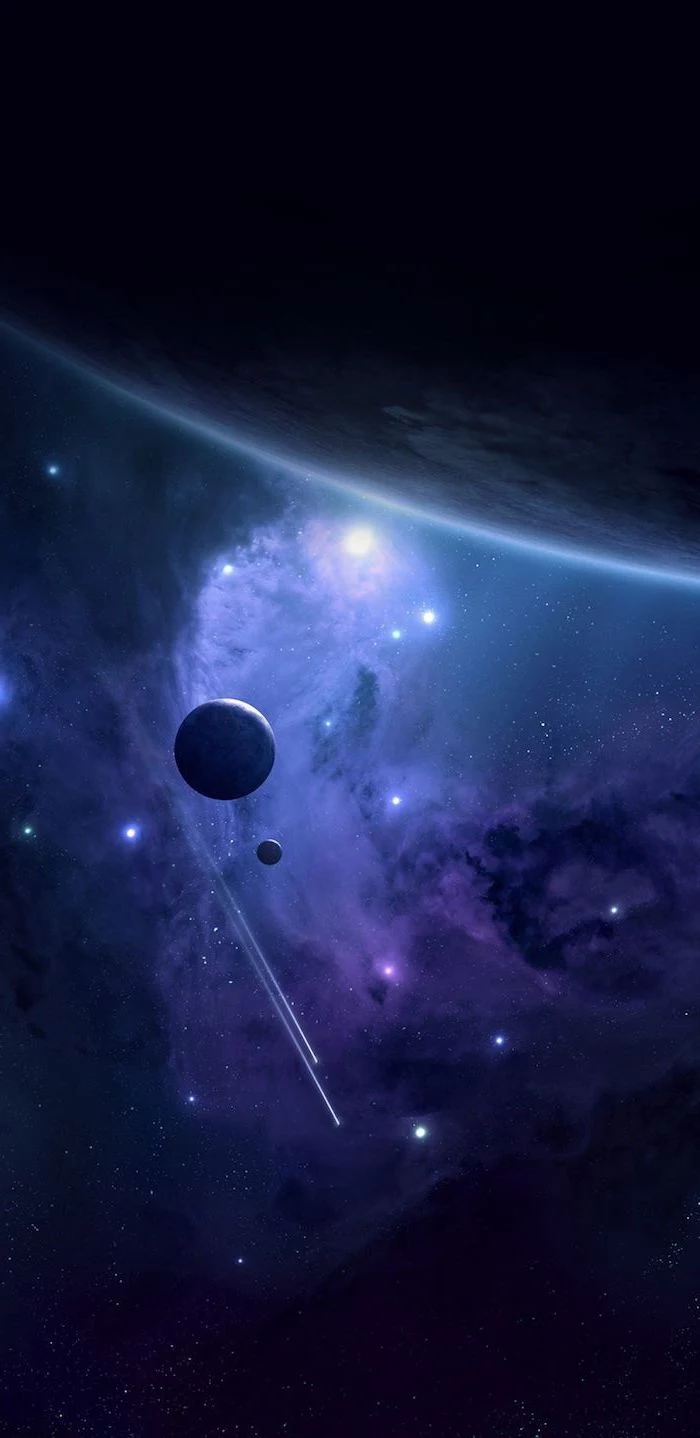 planets in outer space, shooting stars and regular stars, galaxy wallpaper 4k, dark aesthetic in blue and purple