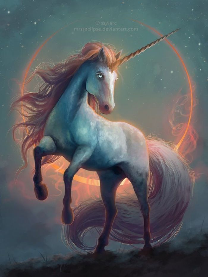 painting of a white unicorn, unicorn pictures to draw, long mane and horn, dark aesthetic background