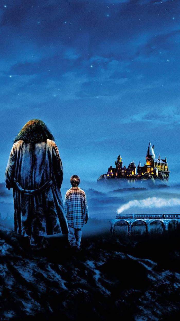 painting of hagrid and harry, looking at hogwarts and the train, harry potter phone background, night landscape