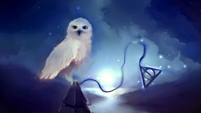 harry potter background iphone, painting of hedwig, standing on top of hogwarts tower, deathly hallows symbol in the sky