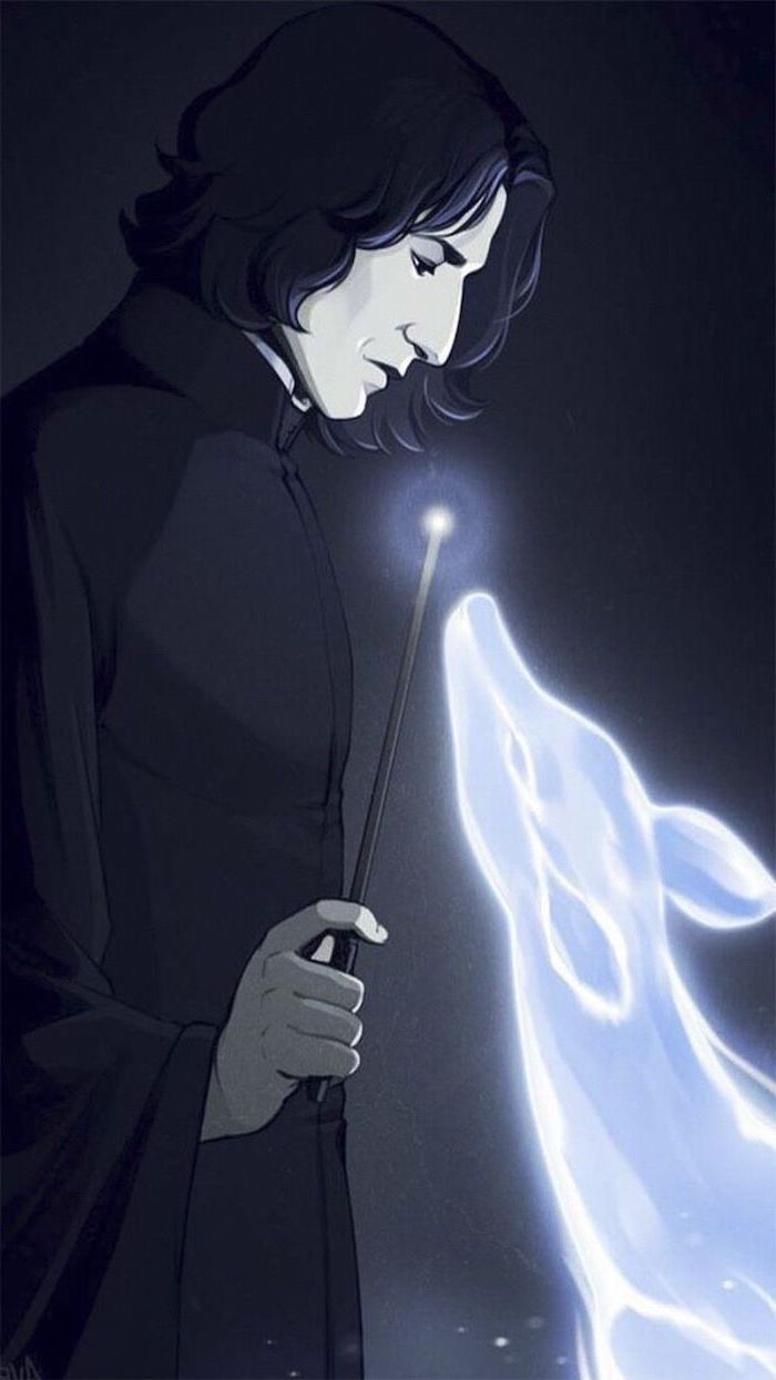 painting of snape holding a wand, producing the patronus charm, harry potter phone background