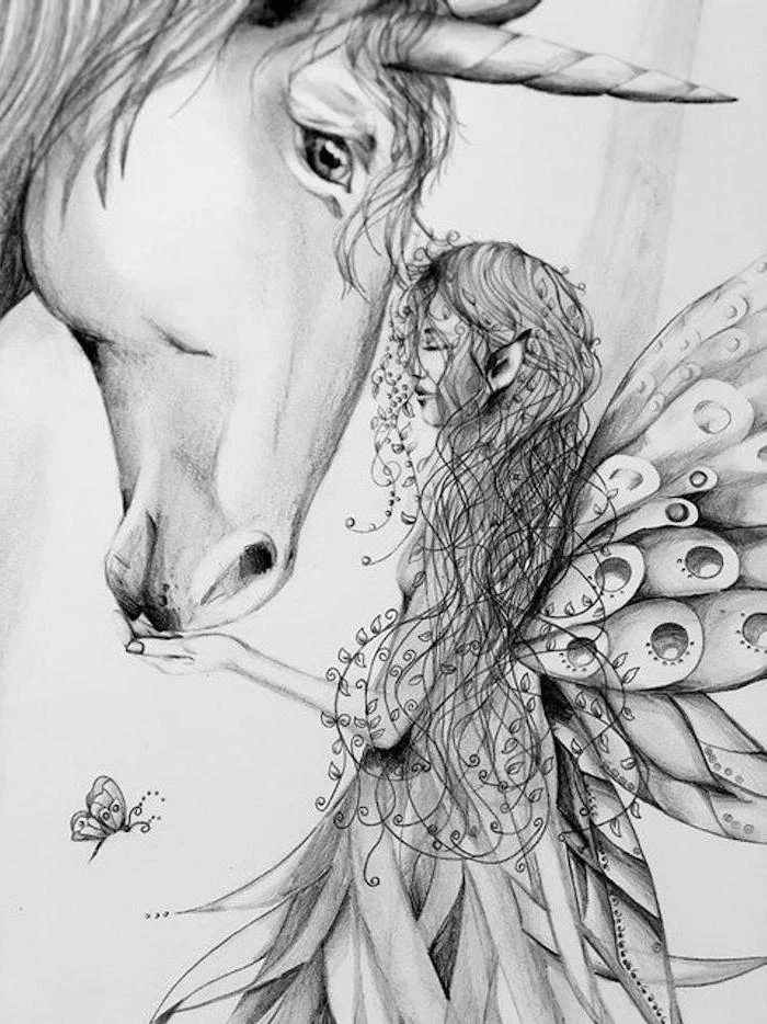 black and white pencil sketch, female elf hugging a unicorn, how to draw a unicorn emoji, drawn on white background