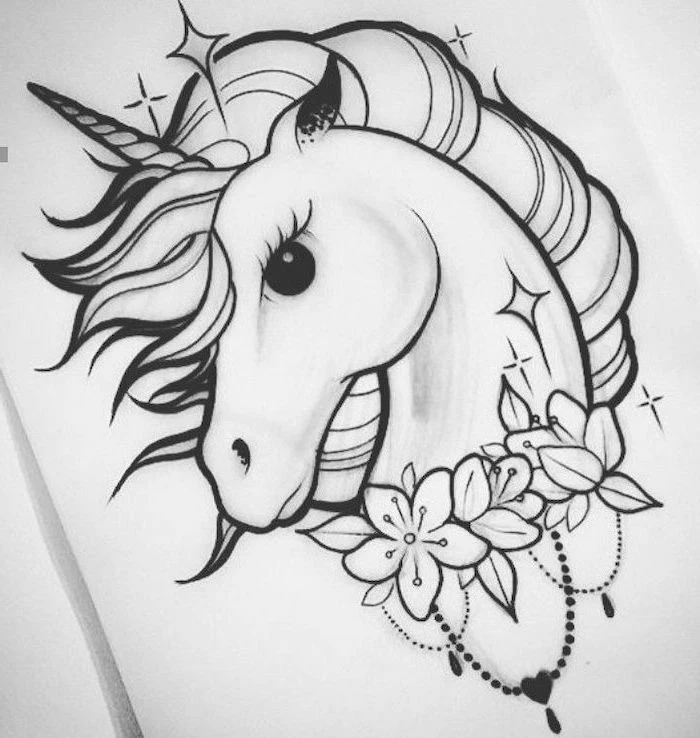 black and white pencil sketch, how to draw a unicorn head, surrounded by flowers, drawn on white background