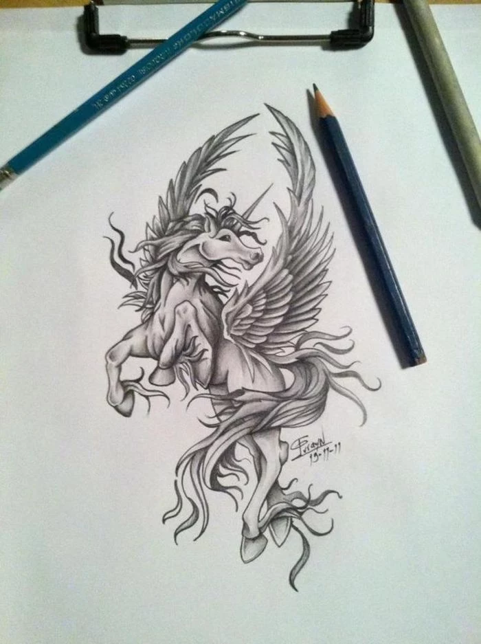 how to draw a unicorn head, black and white pencil sketch of unicorn with wings, drawn on white background