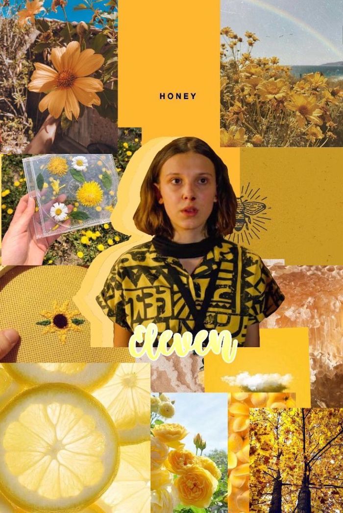 photo collage in yellow, stranger things iphone wallpaper, eleven in the middle, surrounded by yellow flowers