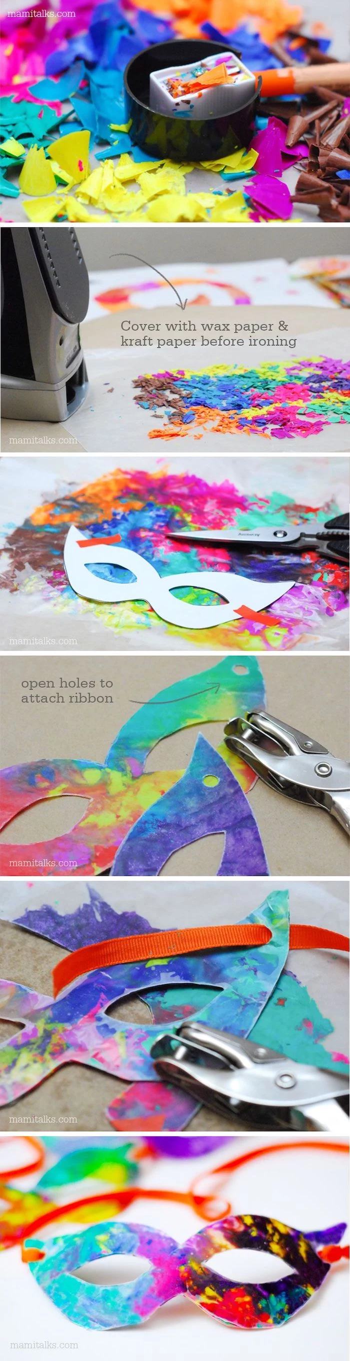 photo collage of step by step diy tutorial, masquerade masks for men, colorful masks made with crayons