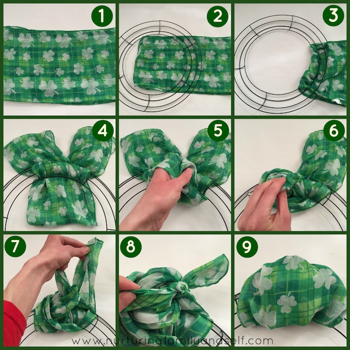 photo collage of step by step diy tutorial, st patrick's day party, wreath made with green fabric