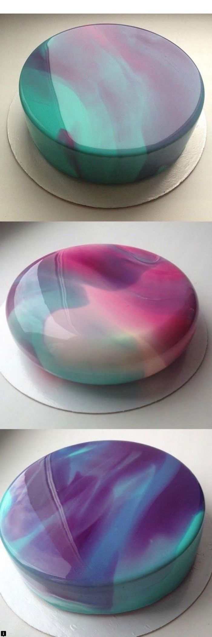 photo collage of three one tier cakes, covered with mirror glaze in different colors, galaxy mirror cake
