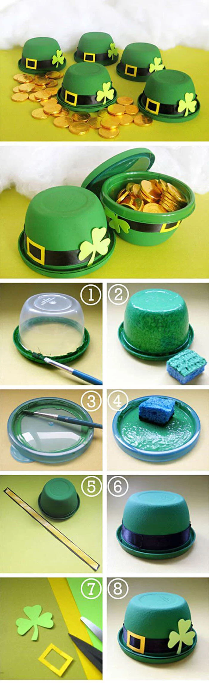 photo collage of step by step diy tutorial, st patrick's day party ideas, pot of gold made of plastic container