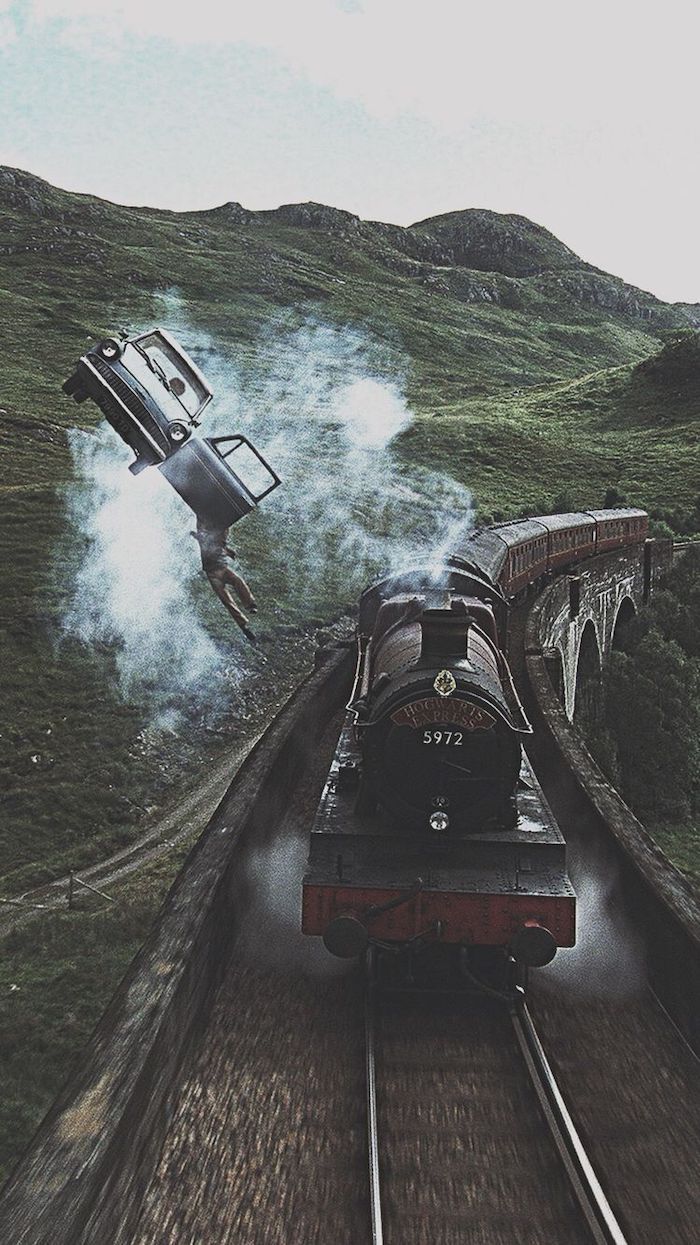 still from chamber of secrets movie, flying car over the hogwarts express, harry potter wallpaper hd