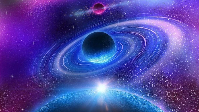 cartoon image of planets, samsung galaxy wallpaper, sky filled with stars, galaxy in blue pink and purple