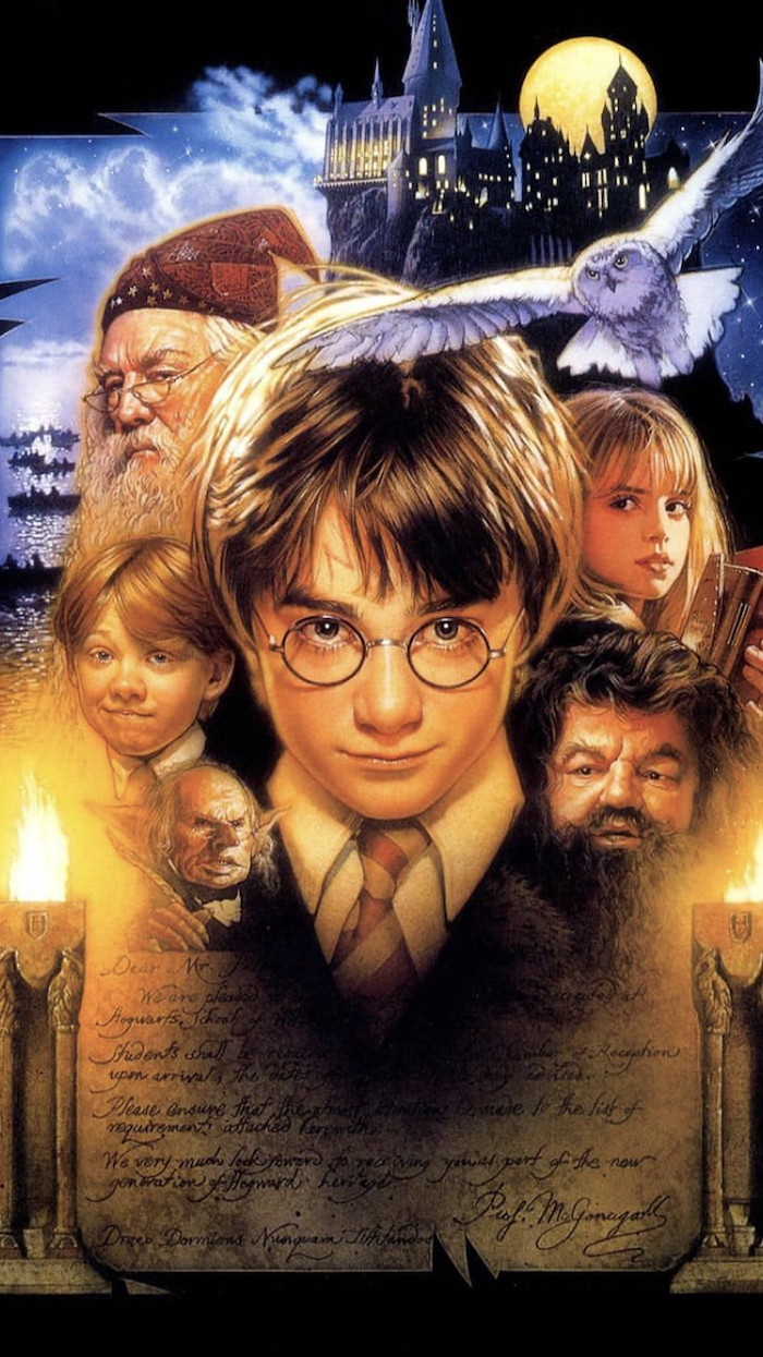 sorcerer's stone movie poster, harry potter wallpaper hd, hogwarts in the background, characters in the middle