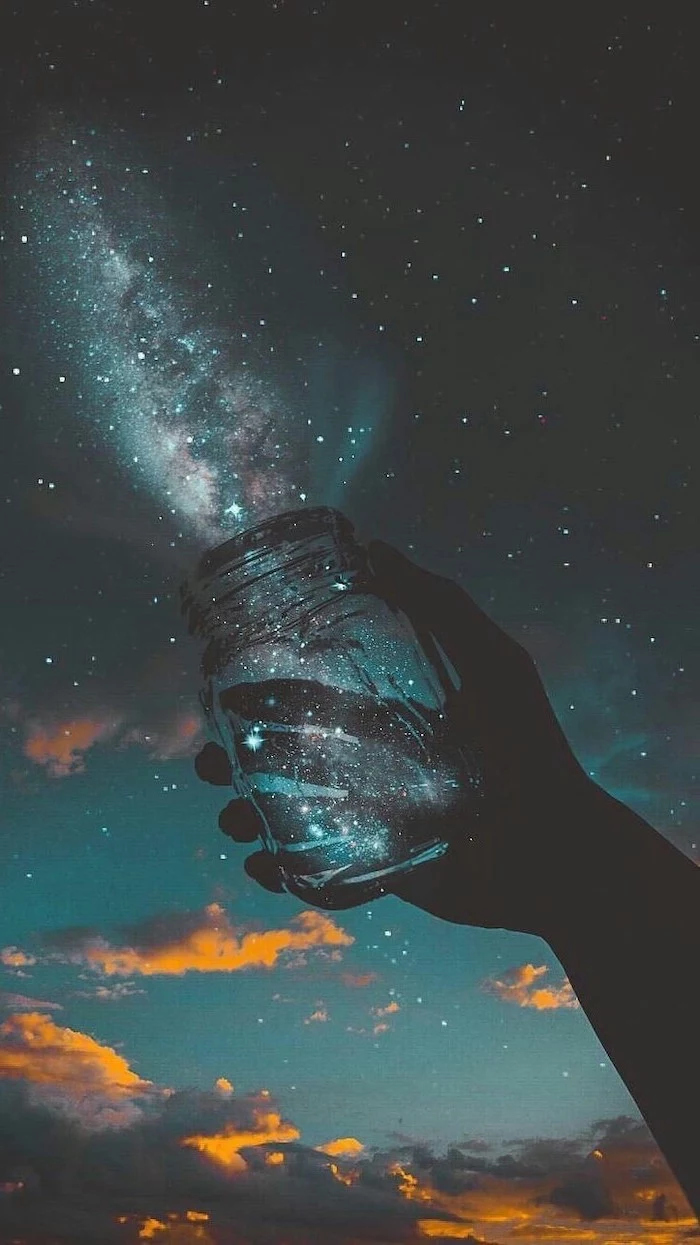 galaxy wallpaper 4k, hand holding a mason jar, galaxy coming out of it, sky filled with stars, dark black sky