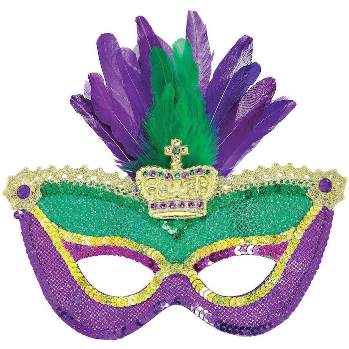 what to wear to mardi gras, mask decorated with green and purple glitter, gold sequins and crown, purple and green feathers