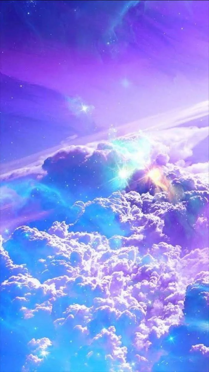galaxy wallpaper 4k, above the clouds, stars in the sky, sky in purple and blue, turquoise and pink