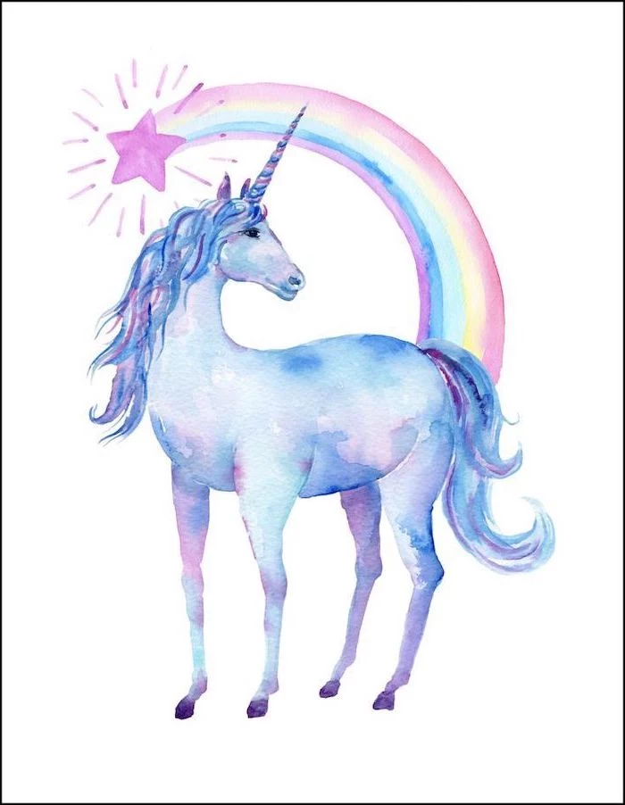 watercolor painting of a unicorn, rainbow above it with pink star, painted on white background, how to draw a unicorn head