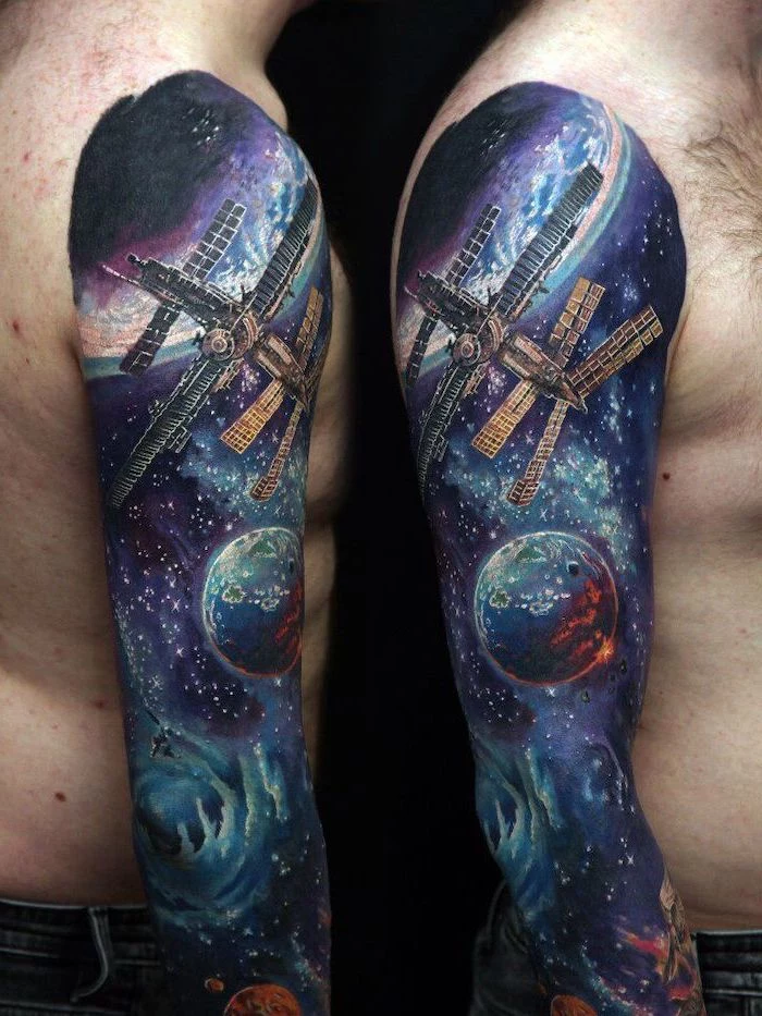side by side photos of whole sleeve tattoo, milky way tattoo, satellites planets and stars, black purple and blue colors