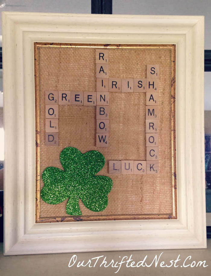 scrabble letter blocks, forming different words, st patrick's day party ideas, framed inside white wooden frame