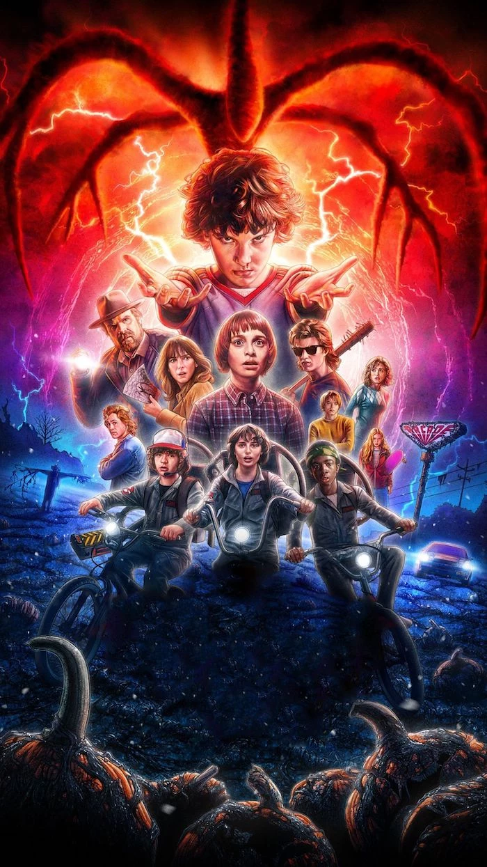 season 2 poster, the characters in the middle, mind flayer above them, aesthetic stranger things wallpaper