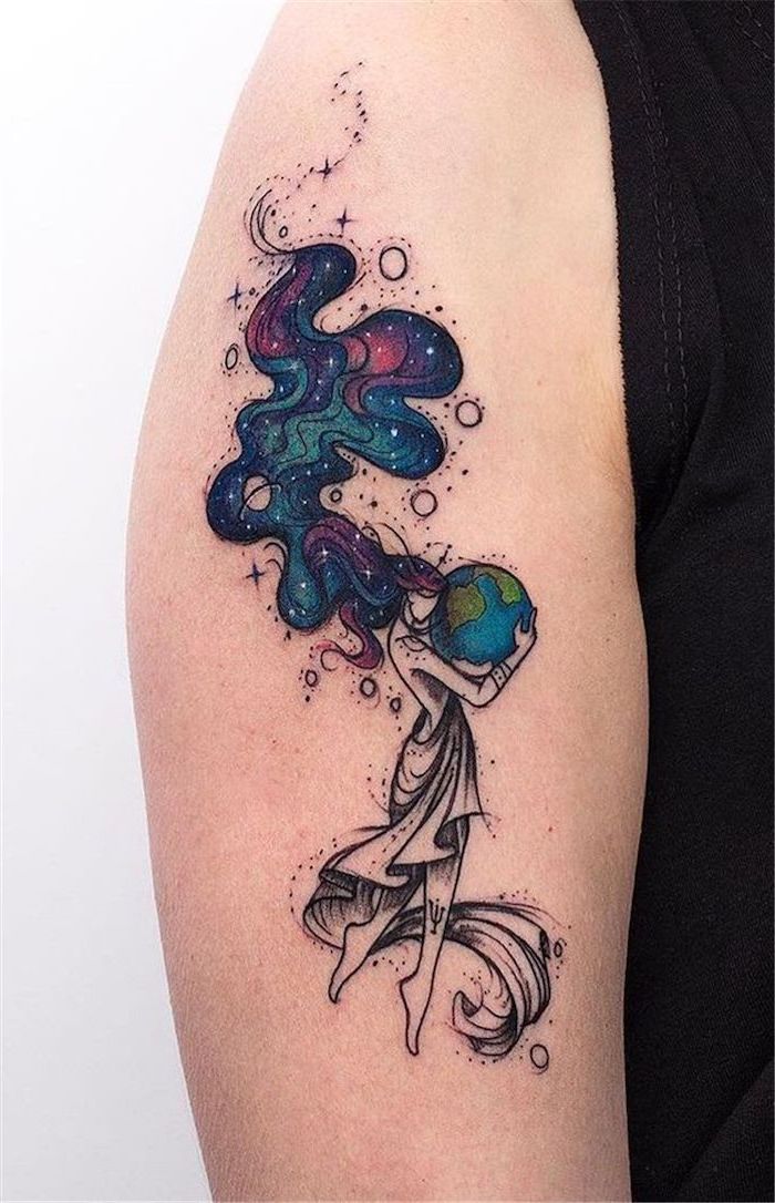 woman holding the earth with long galaxy hair, shoulder tattoo, galaxy tattoo small, white background