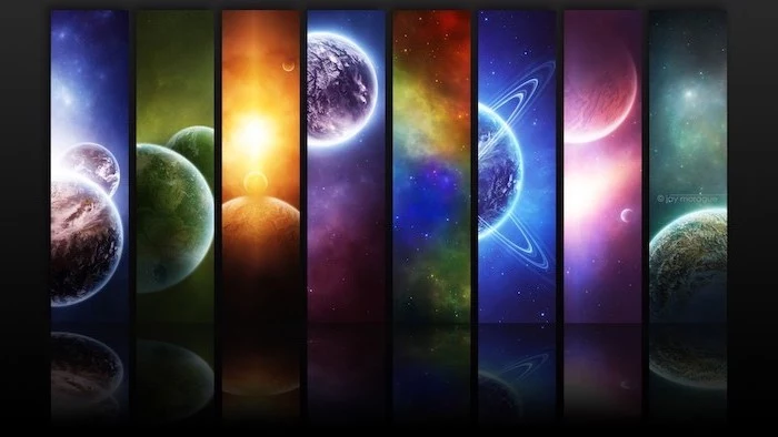side by side cartoon images of planets, samsung galaxy wallpaper, forming one large wallpaper