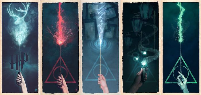painting of different wizards, holding wands, producing different charms, harry potter iphone wallpaper