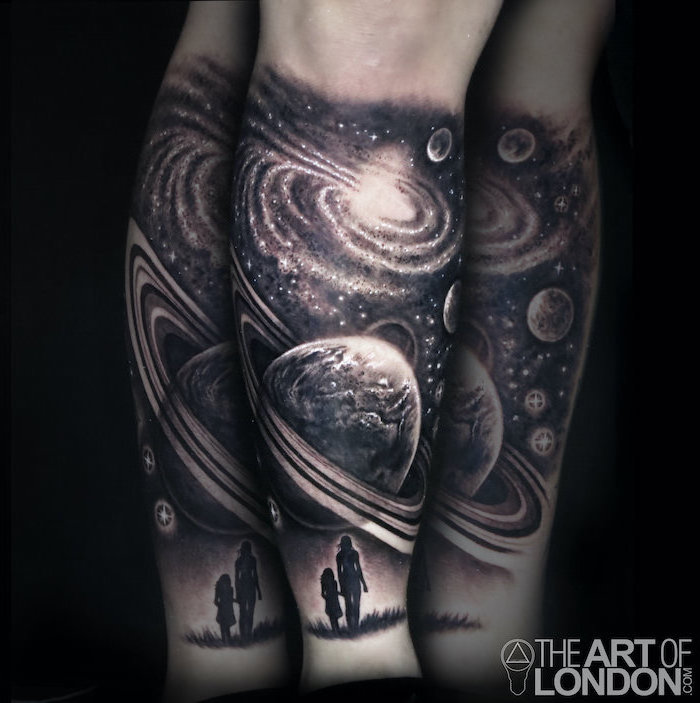 side by side photos of back of leg tattoo, black and white tattoo, galaxy tattoo small, woman and girl walking towards a galaxy