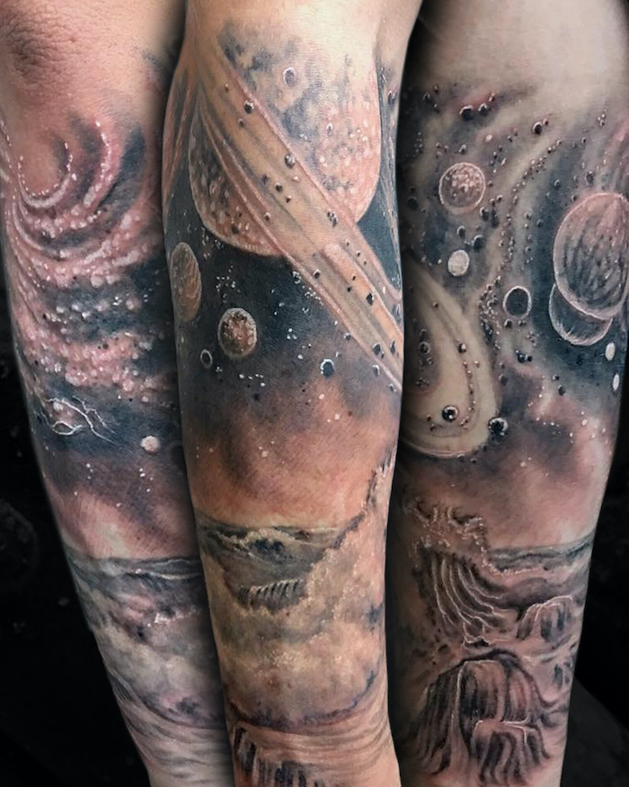 side by side photos of forearm sleeve tattoo, galaxy tattoo small, ocean waves with planets and galaxy above them