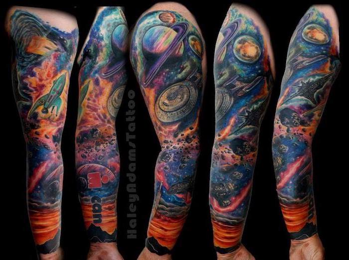 whole sleeve tattoo, galaxy tattoo ideas, galaxy with planets and rocket ships, spaceships and stars