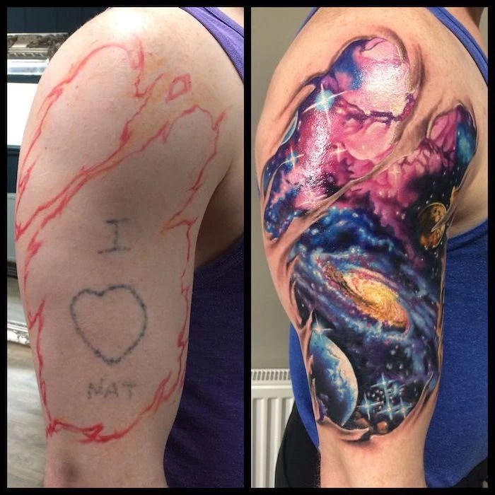 side by side photos of before and after, milky way galaxy with stars and planets, galaxy tattoo ideas