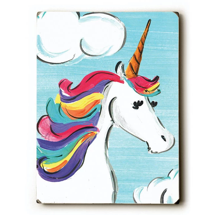 painting of a unicorn with rainbow colored mane, how to draw a unicorn head, painted on blue background with clouds