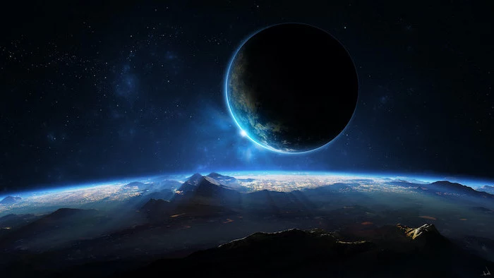 planet landscape, sun rising behind earth, space wallpaper 4k, dark aesthetic in black and blue