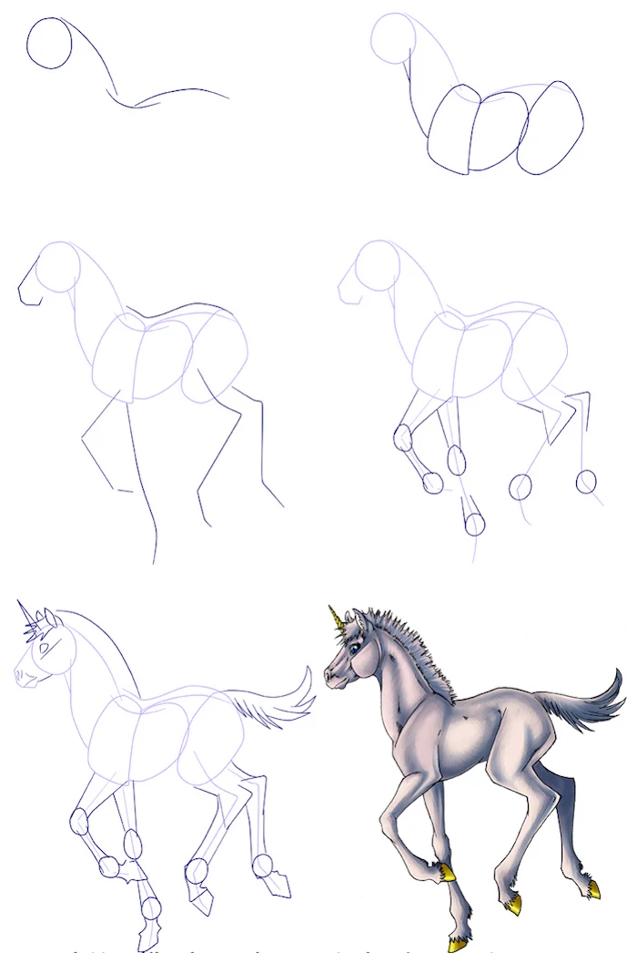 drawing tutorial in six steps, how to draw a unicorn head, step by step diy tutorial, drawn on white background