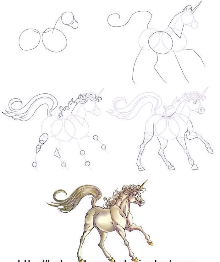 five step drawing tutorial, how to draw a unicorn with wings, step by step diy tutorial, drawn on white background
