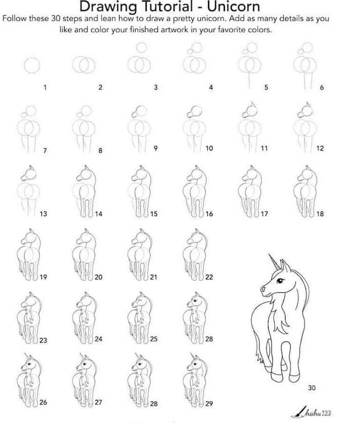 thirty step drawing tutorial, how to draw a unicorn with wings, step by step diy tutorial, drawn on white background