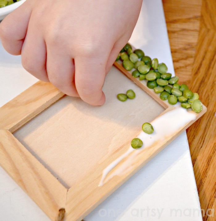 split pea, glued to a wooden frame, st patricks day decorations, step by step diy tutorial
