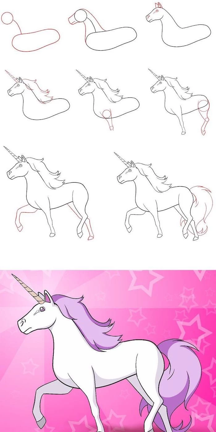 eight step drawing tutorial, drawn on white background, how to draw a unicorn with wings, step by step diy tutorial