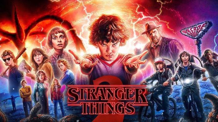 season 2 poster, stranger things wallpaper iphone x, all the characters, red and blue background, title logo written in red neon