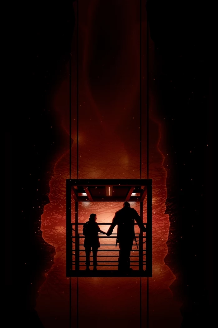 stranger things 3 wallpaper, jim hopper and eleven holding hands, standing at the gate, dark aesthetic