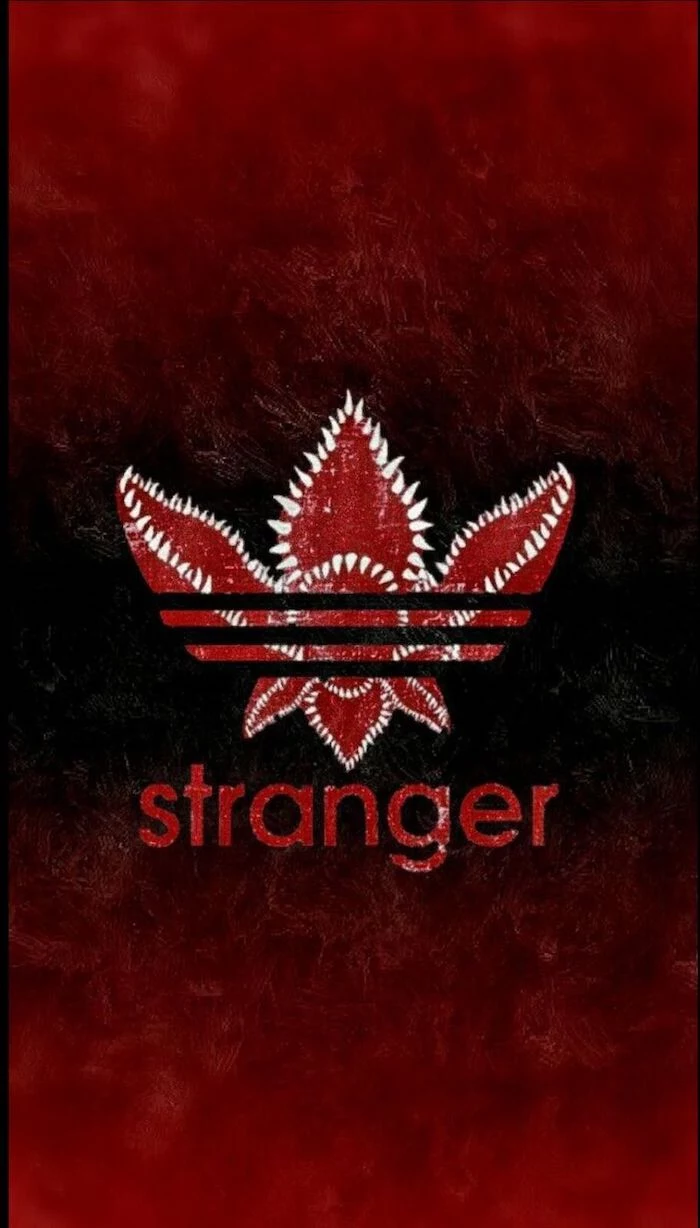 adidas logo as a demogorgon, stranger things phone wallpaper, stranger written underneath it, black and red background