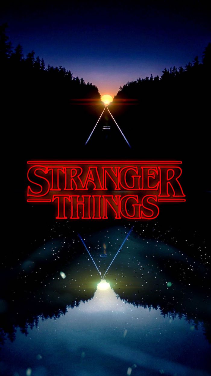 sun rising over a forest landscape, stranger things phone wallpaper, title logo of the show written in red neon
