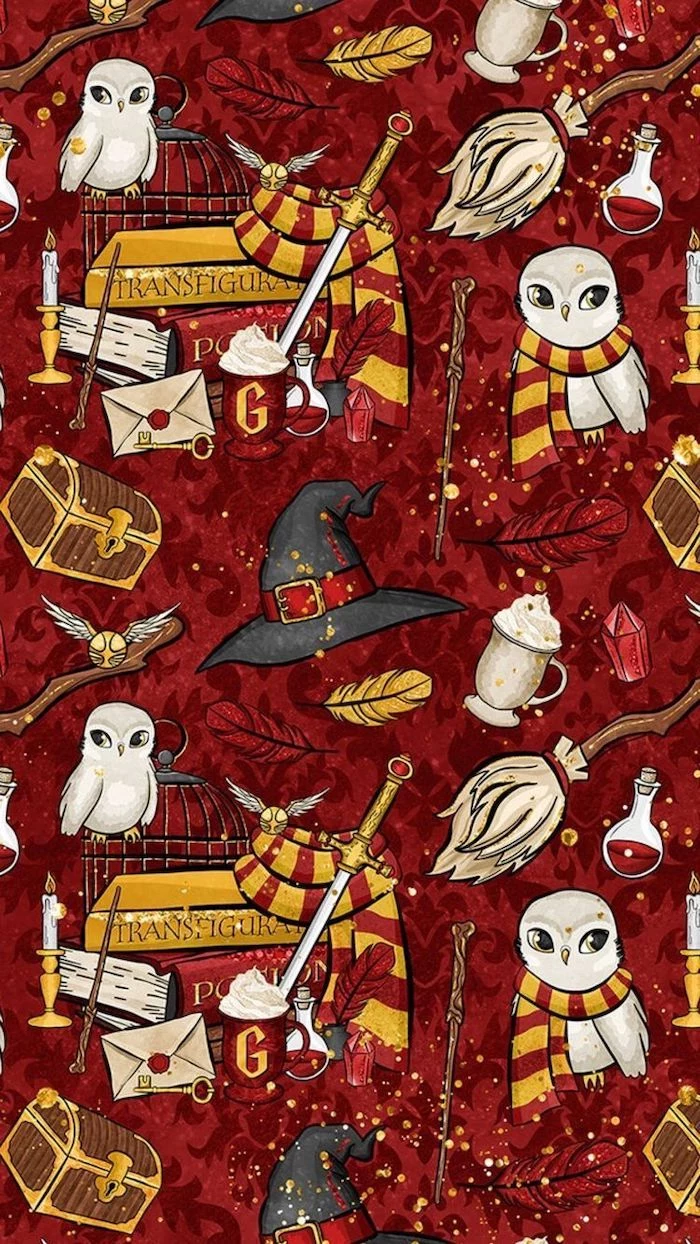 drawings of textbooks and hedwig, gryffindor scarves and swords, marauders map, red background