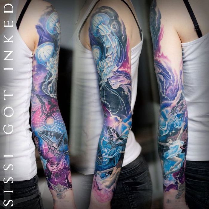 side by side photos of whole sleeve tattoo, galaxy with jellyfish and butterflies, galaxy tattoo ideas, woman wearing white top