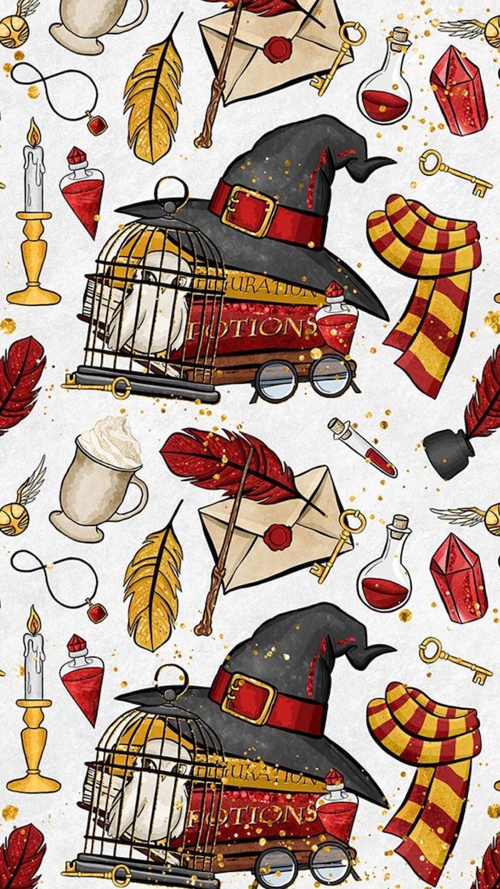 transfiguration and potions textbooks, gryffindor scarves and hedwig, cute harry potter wallpaper, white background